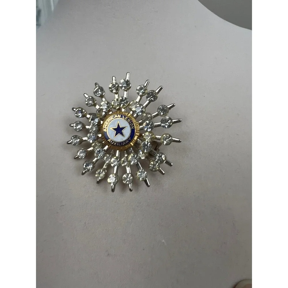Vintage American Legion Auxiliary Starburst Rhinestone Brooch Pin Silver Tone